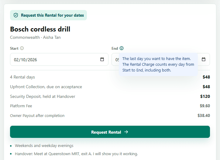 The request panel on a Listing with Start and End dates filled in, an info hint open beside End, and the price breakdown below.