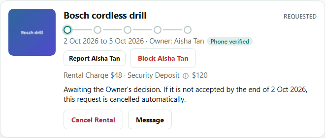 A Rental card on the Rentals page showing the status Requested.