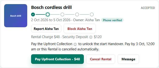 A Rental card in the Accepted stage with a Pay Upfront Collection button.