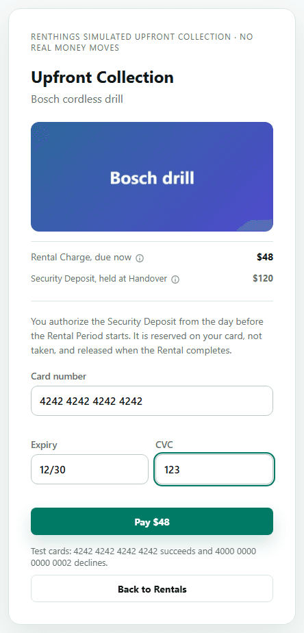 The Upfront Collection payment page with card details filled in.