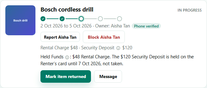 A Rental card in progress with a Mark item returned button.