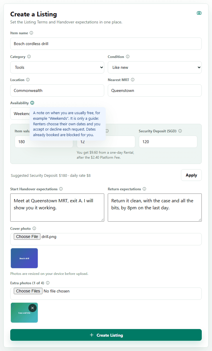 The Create a Listing form filled in with sample values, with the Availability hint open.