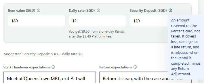 The item value, daily rate and Security Deposit fields with the Security Deposit hint open.