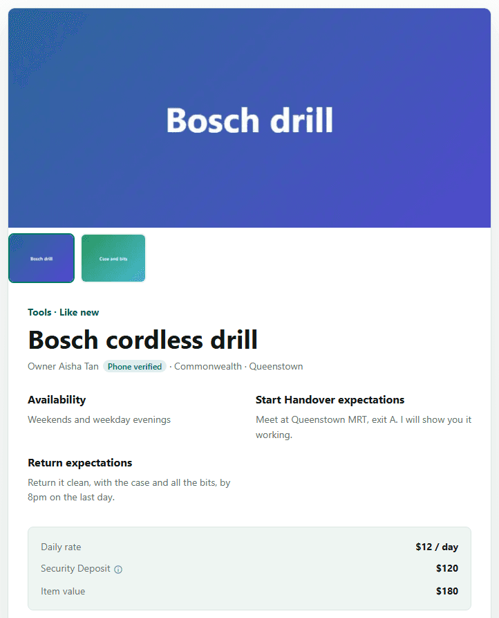 A published Listing page with photos, the Listing Terms and the Handover and return expectations.