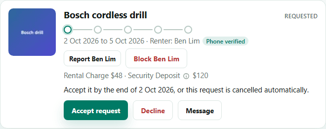 A Rental card in the Requested stage with an Accept request button.