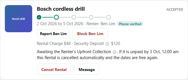 A Rental card in the Accepted stage, waiting for the Renter to pay the Upfront Collection.