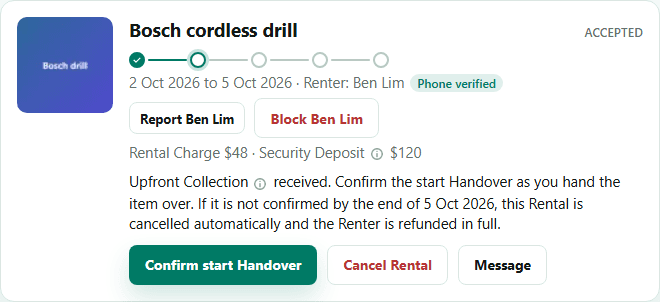 A Rental card with a Confirm start Handover button.