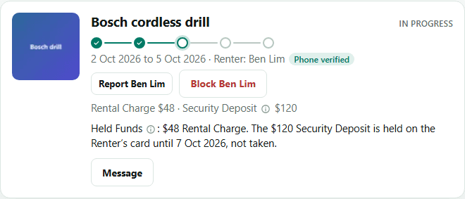A Rental card in progress showing the Held Funds amount.