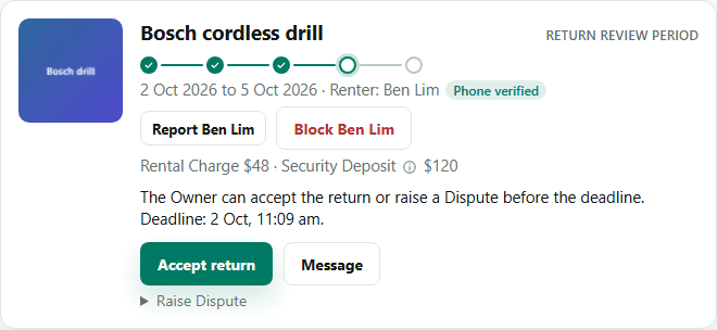 A Rental card in the Return Review Period with an Accept return button.