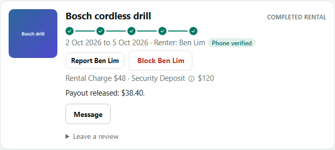 A completed Rental card showing the Payout released.